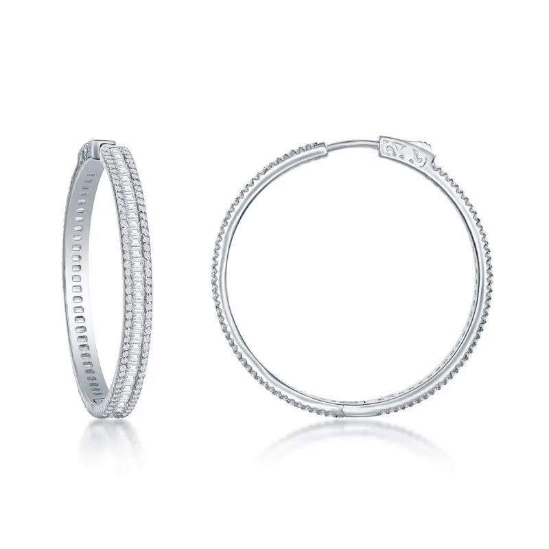 Sterling Silver Baguette CZ 40mm Hoop Earrings