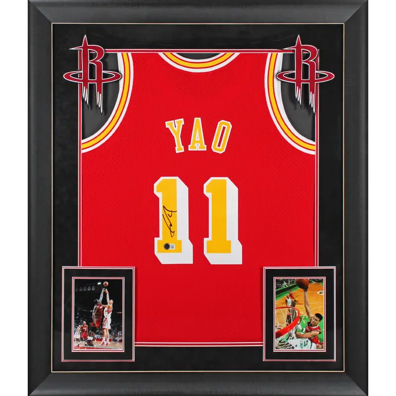 Rockets Yao Ming Signed Red M&N 2004-05 HWC Swingman Framed Jersey BAS Witnessed