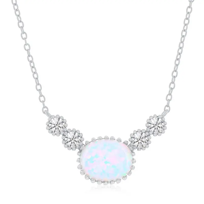 Sterling Silver, Oval White Opal & Round CZ Beaded Outline Necklace