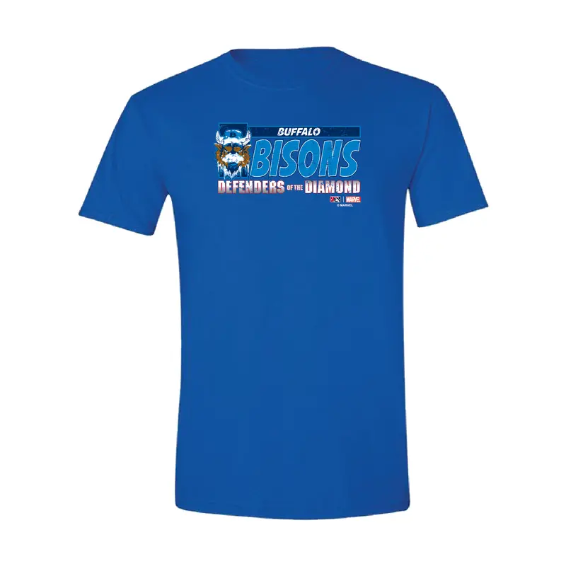 Buffalo Bisons Youth Marvel's Defenders of the Diamond Royal DOTD Tee
