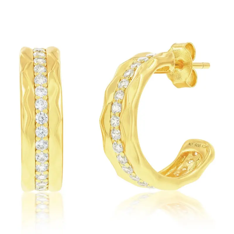 Sterling Silver, Lined CZ Half Hoop Earrings - Gold Plated