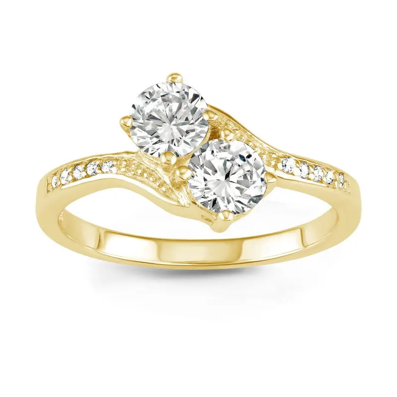 Sterling Silver "Us2gether" 5mm Round Two-Stone CZ with Half CZ Band Ring - Gold Plated