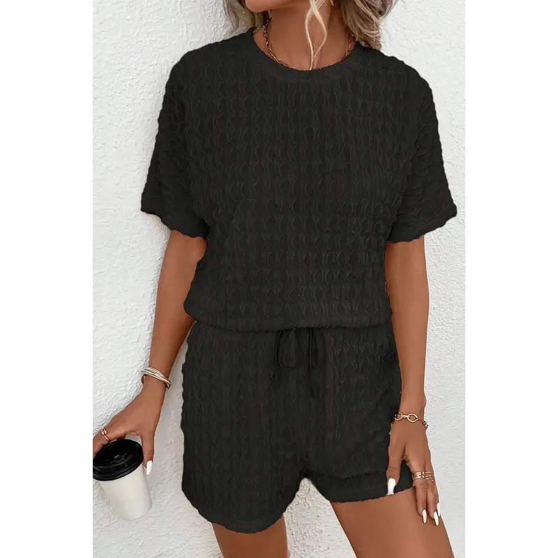 Black Frill Textured Short Sleeve Top and Drawstring Shorts Set