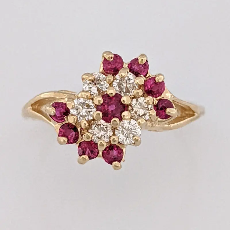 14K RUBY ROUND (9) WITH .24 DIAMOND TOTAL WEIGHT (6) ESTATE CLUSTER RING 3.0 GRAMS
