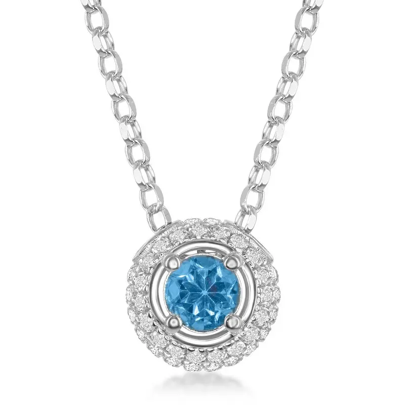 Sterling Silver 4mm Round Blue Topaz Surrounded by White Topaz 1.4cttw  Pendant