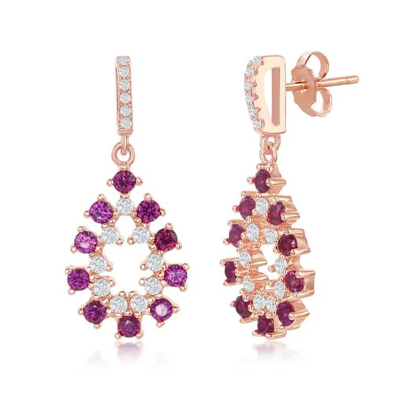Sterling Silver Ruby CZ Pearshaped Earrings - Rose Gold plated