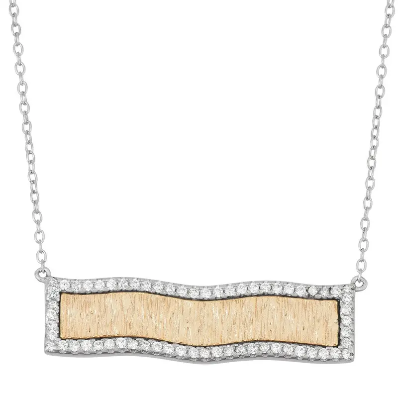 Sterling Silver Wavy Bar with CZ Border Necklace - Gold Plated
