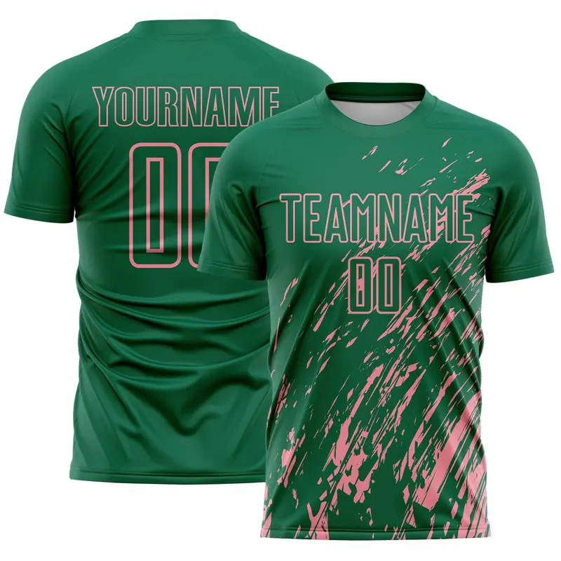 Custom Kelly Green Medium Pink Splash Sublimation Soccer Uniform Jersey