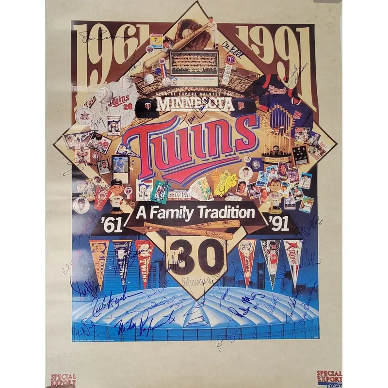 1991 Minnesota Twins World Series Champs Team Signed 18x24 Poster Beckett COA