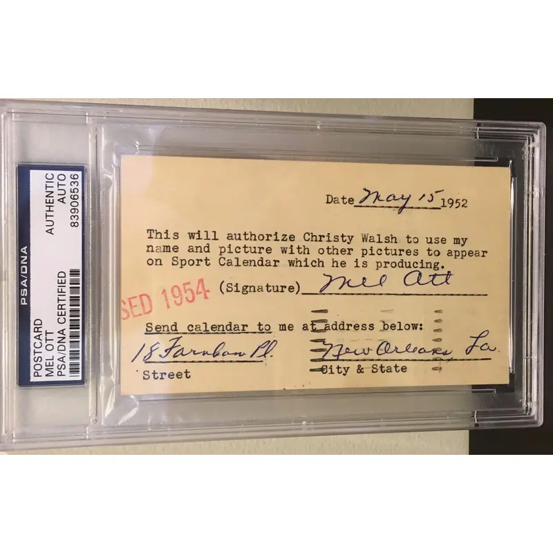 Rare 1952 Mel Ott Signed Autographed Christy Walsh Postcard W/ Address PSA DNA