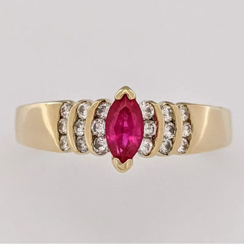 14K RUBY MARQUISE 3X6 WITH .18 DIAMOND TOTAL WEIGHT ROUND (18) ESTATE RING 2.8 GRAMS