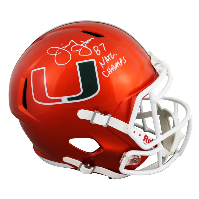 Miami Jimmy Johnson "87 Nat'l Champs" Signed Flash F/S Speed Rep Helmet BAS Wit