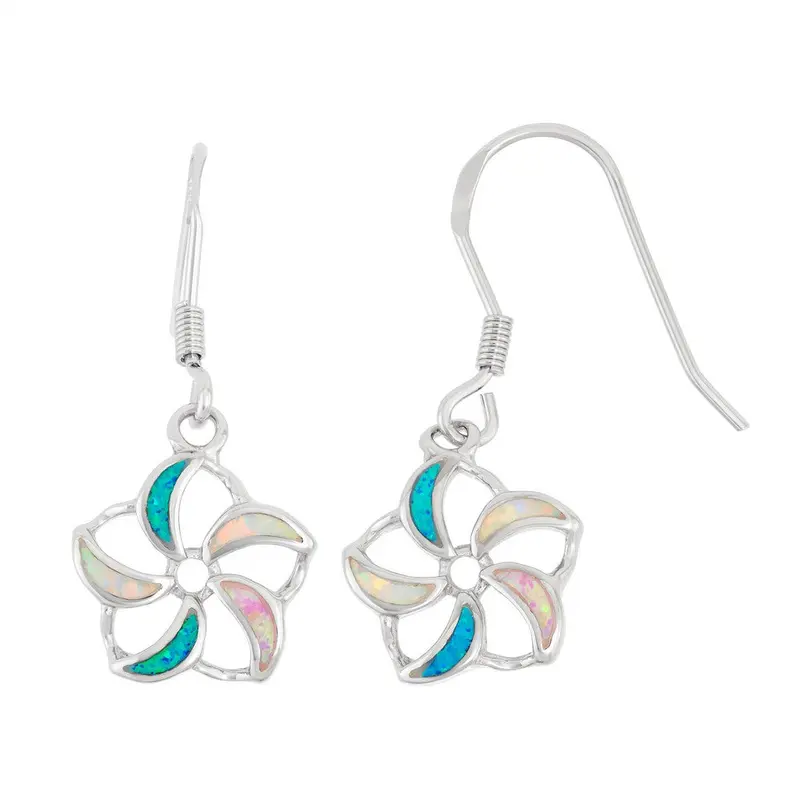 Sterling Silver White, Pink, and Blue Inlay Opal Pinwheel Flower Earrings