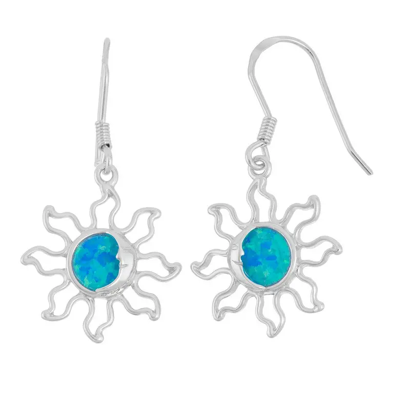 Sterling Silver Blue Inlay Opal Sun Dangling Earrings