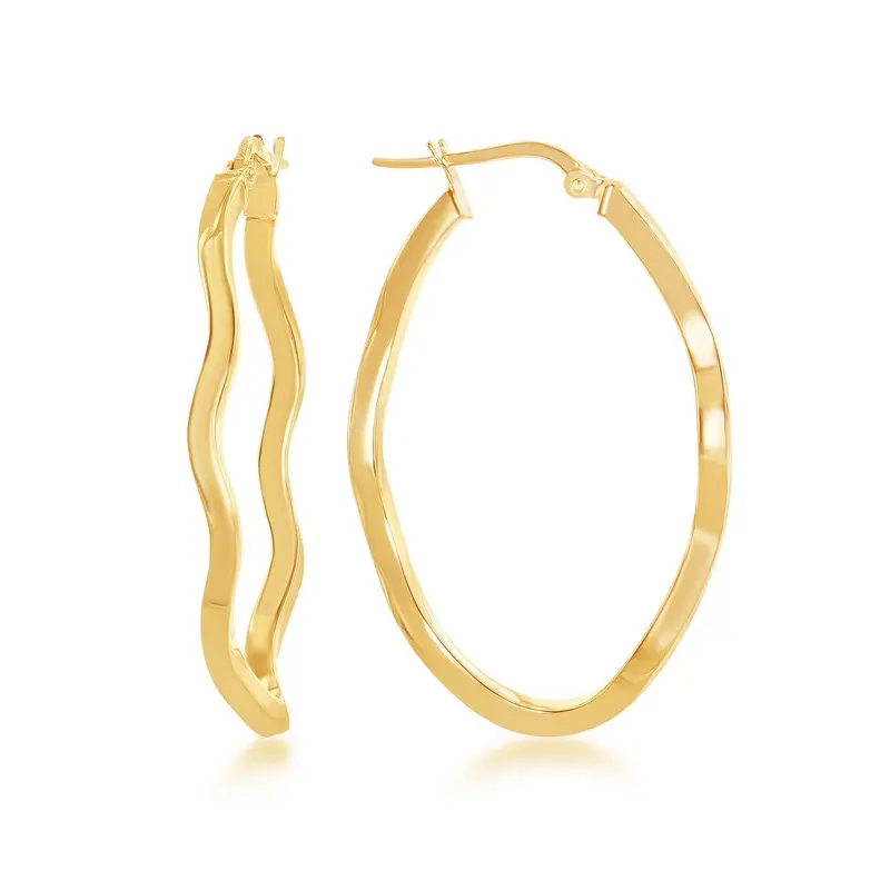 Sterling Silver Wavy Designed Oval Hoop Earrings - Gold Plated
