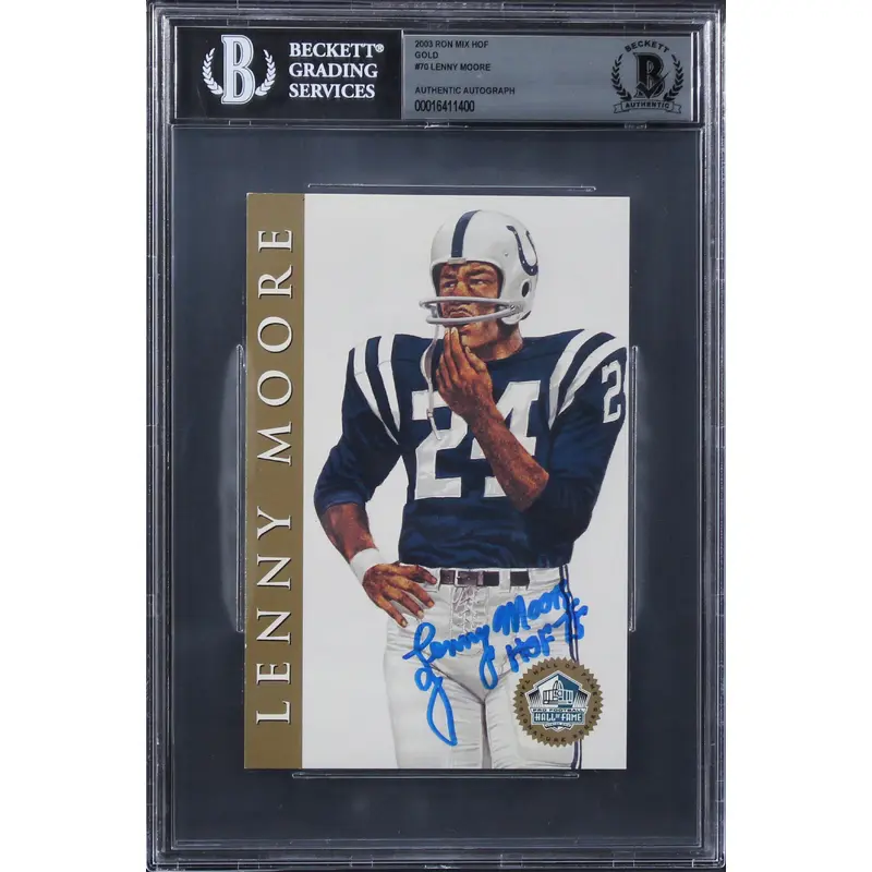 Colts Lenny Moore "HOF 75" Signed 2003 Ron Mix HOF Gold #70 Card BAS Slabbed 3