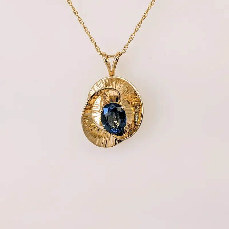 14K SAPPHIRE OVAL "A" 6X8 "DAUNIS" SWIRL ESTATE PENDANT & CHAIN 3.7 GRAMS