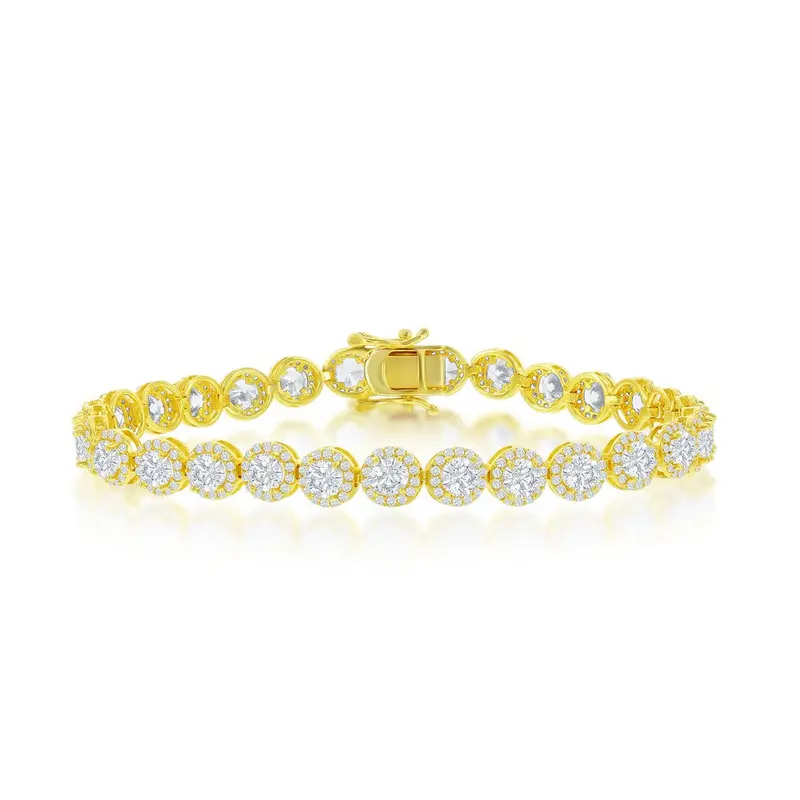 Sterling Silver, 6MM Round Halo CZ Tennis Bracelet - Gold Plated