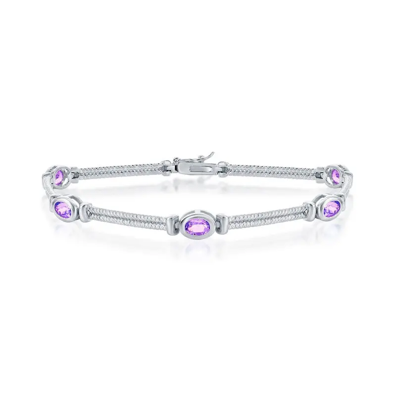 Sterling Silver Bar & Oval Gem Bracelet - Amethyst