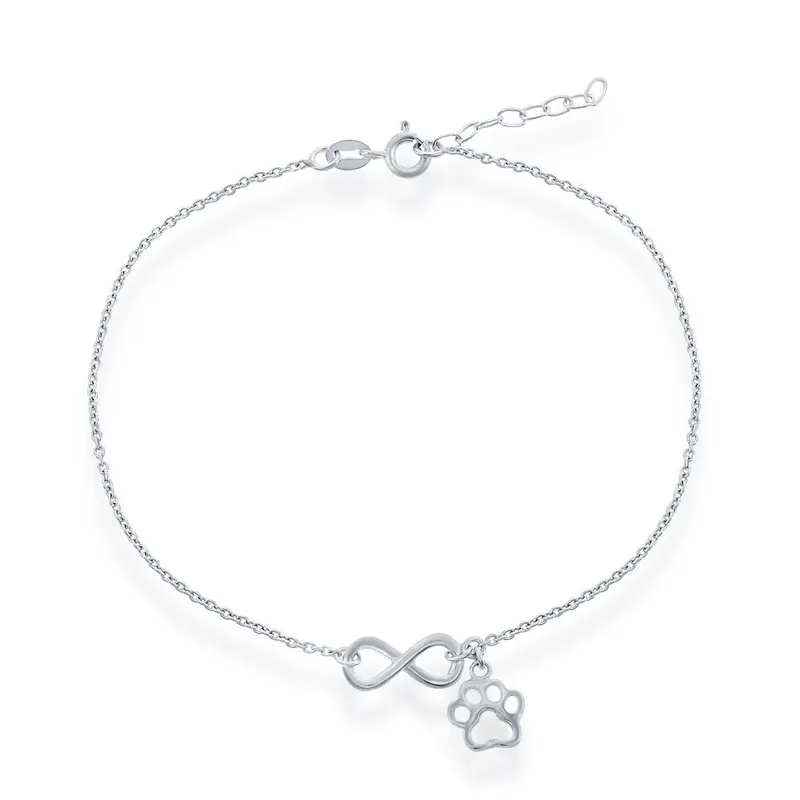 Sterling Silver, Infinty with Paw Print Charm Anklet