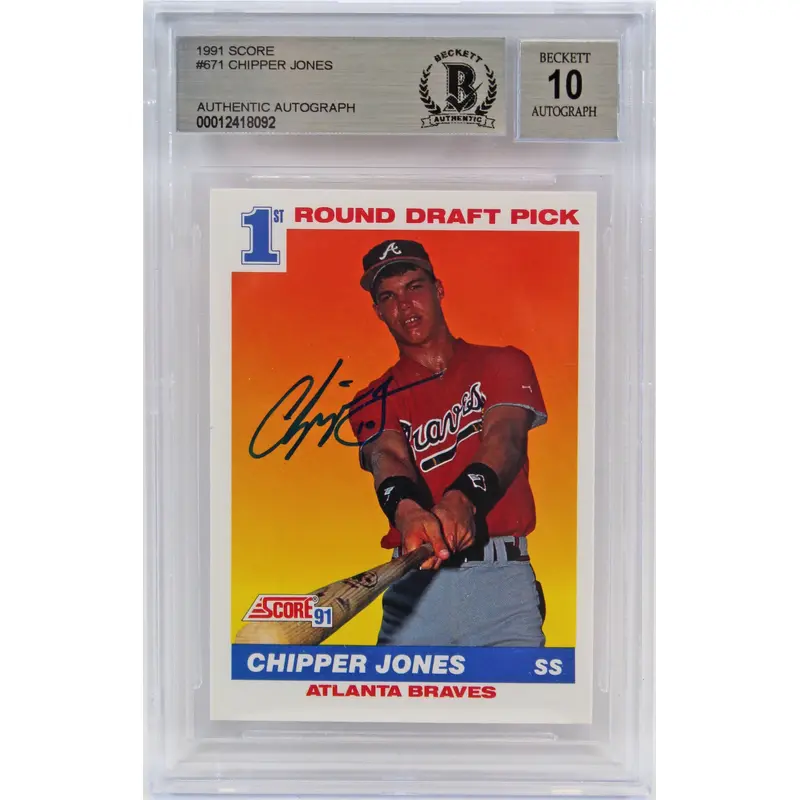 Braves Chipper Jones Signed 1991 Score #671 Card Auto Graded Gem 10! BAS Slabbed