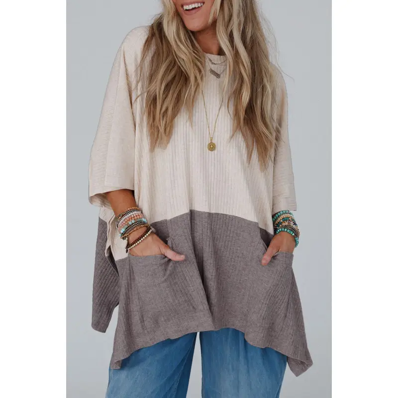 Pale Khaki Color Block Ribbed Knit Split Side Poncho