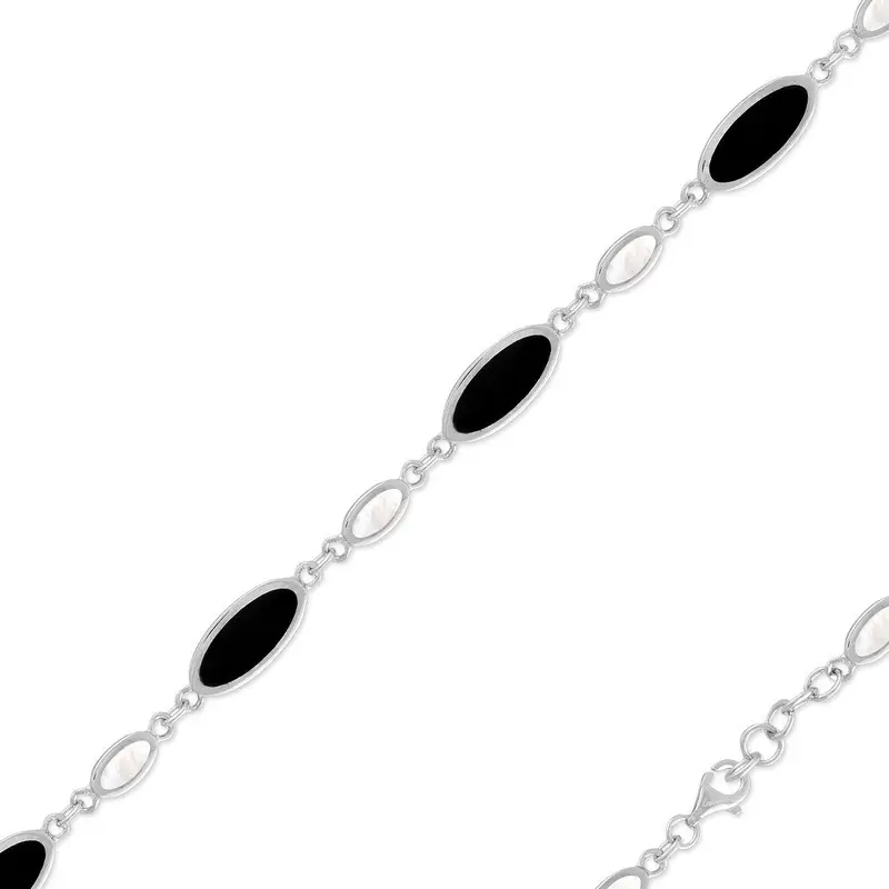 Sterling Silver Alternating MOP & Onyx Ovals Bracelet