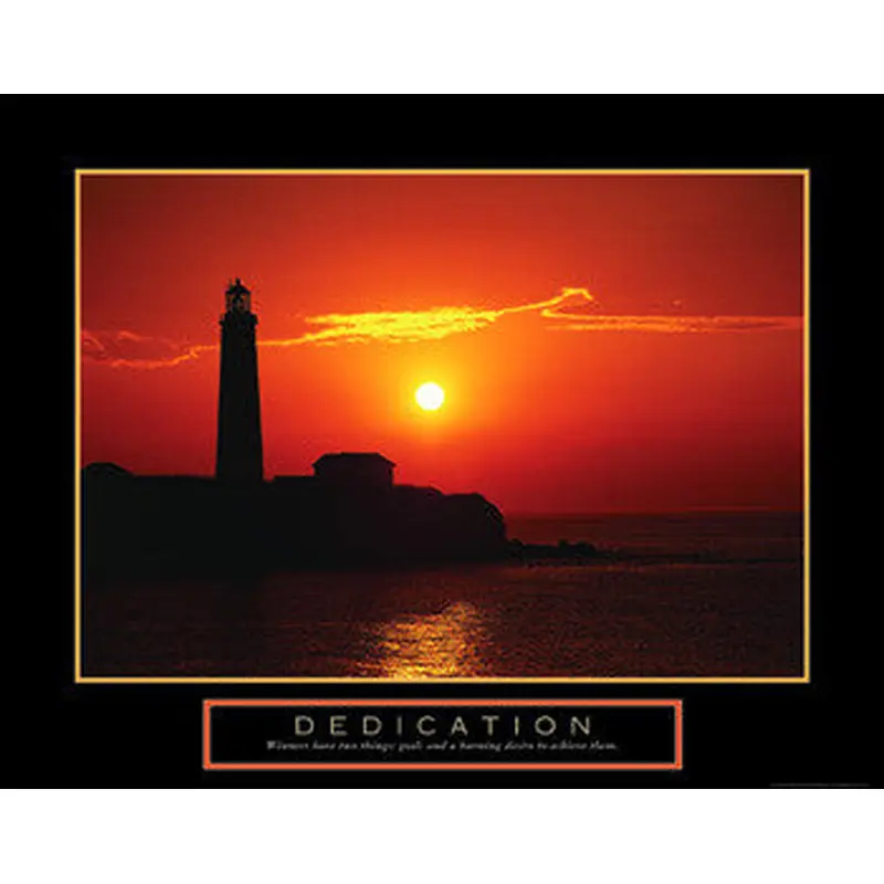 Lighthouse at Sunset "Dedication" Motivational Inspirational Poster - Front Line