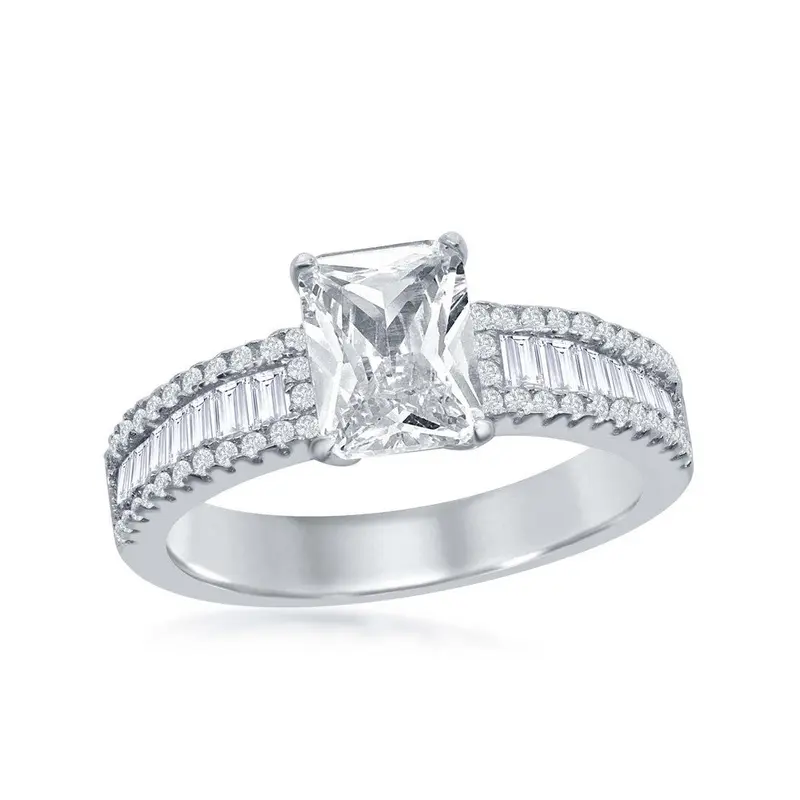 Sterling Silver Emerald Cut CZ Center w/ Half Baguette CZ Band Engagement Ring