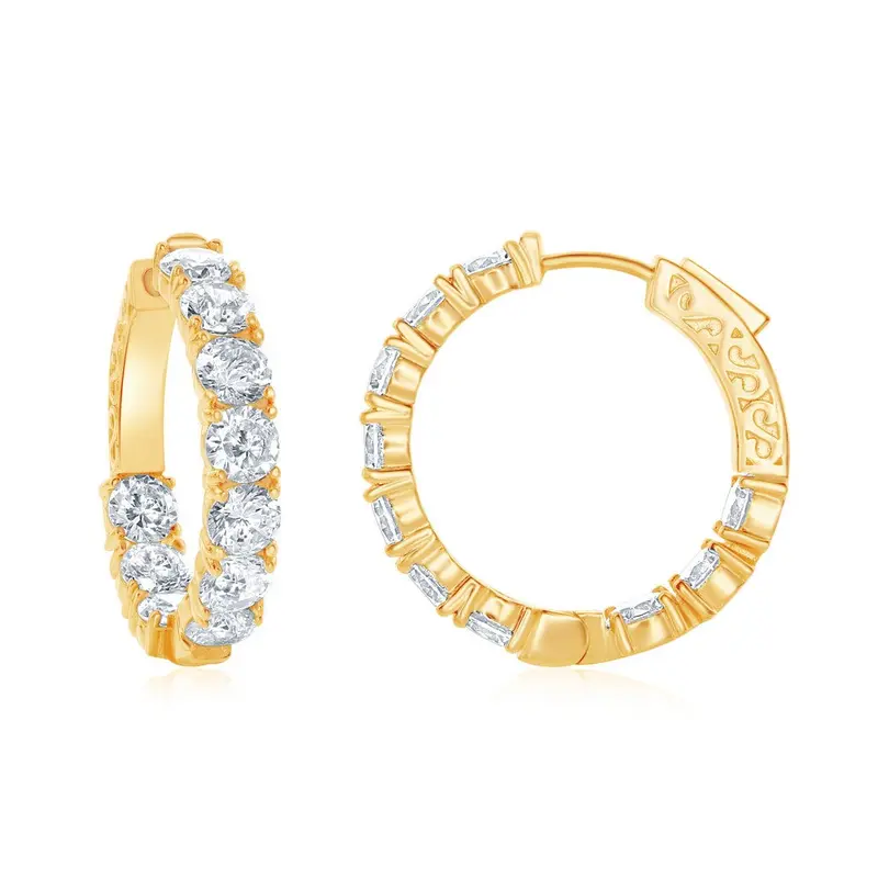Sterling Silver, Inside-Outside 5x29mm CZ Hoop Earrings - Gold Plated