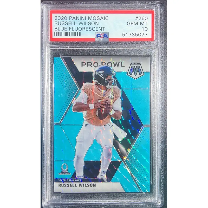 Russell Wilson 2020 Panini Mosaic #260 Blue Fluorescent #2/15 PSA 10 Gem Mint