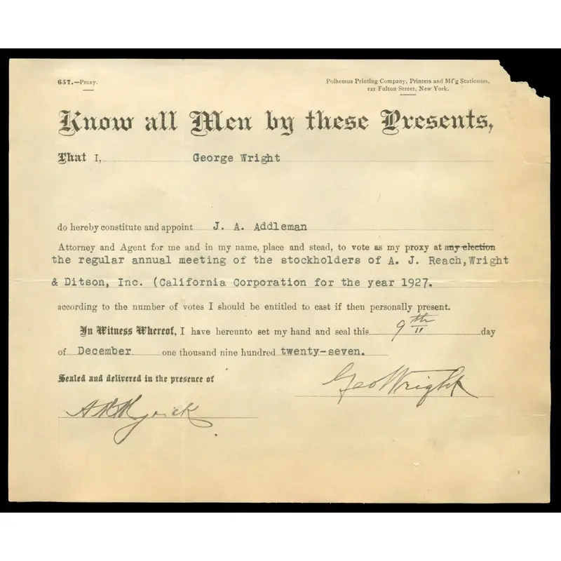 George Wright Signed 1927 A.J. Reach Baseball Contract RARE Hall Of Fame JSA COA