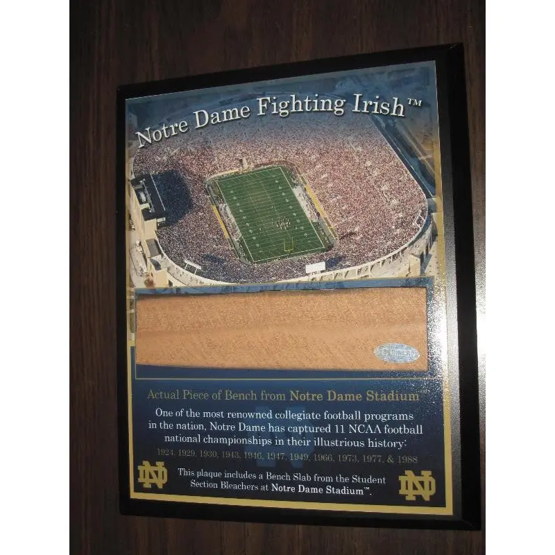 Notre Dame Football Stadium Plaque with piece of Bench
