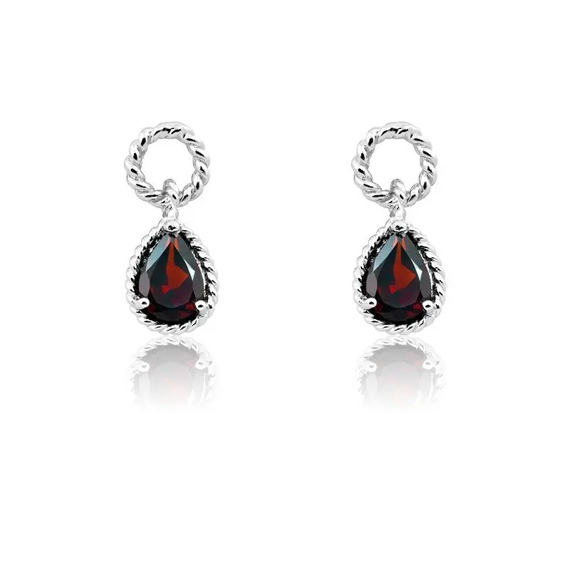 Sterling Silver Pear Shaped Gem, Wire Earrings - Garnet
