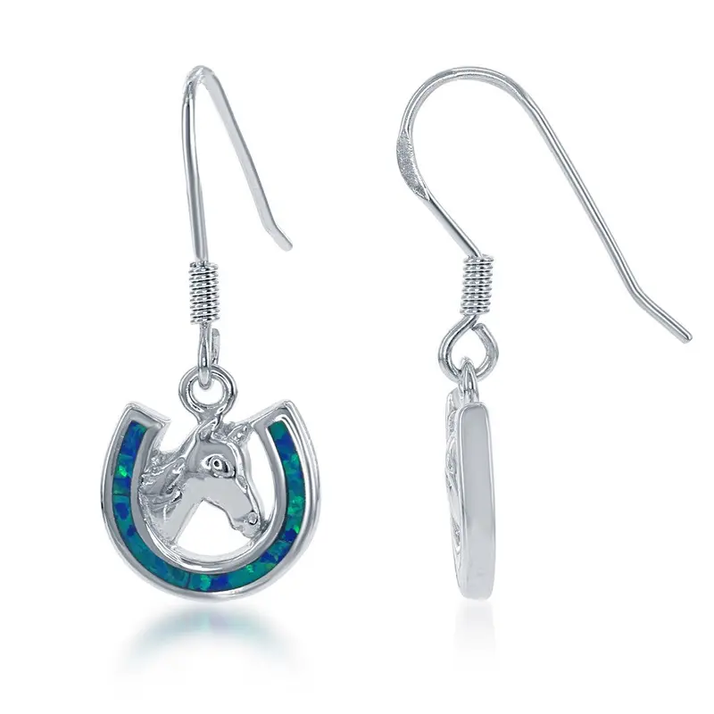 Sterling Silver Blue Inlay Opal Horseshoe with Center Horse Earrings