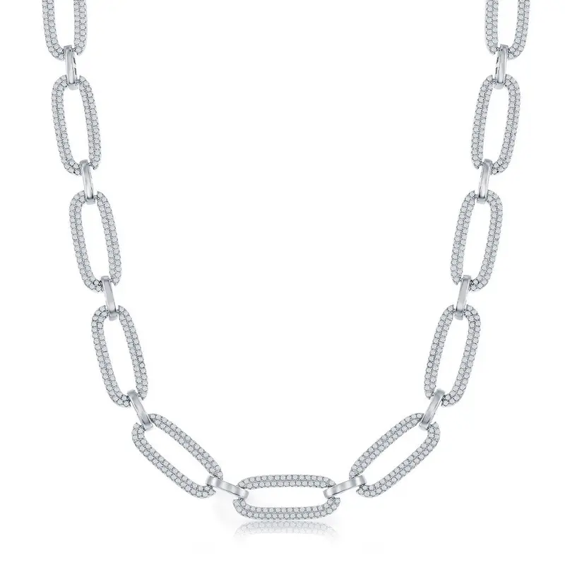 Sterling Silver Micro Pave CZ Linked Oval Necklace