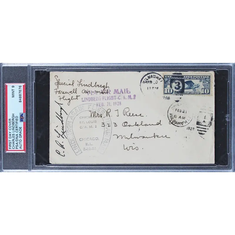 Charles Lindbergh Signed 3.65x6.5 1928 Lindbergh Flown FDC Auto 9! PSA Slabbed
