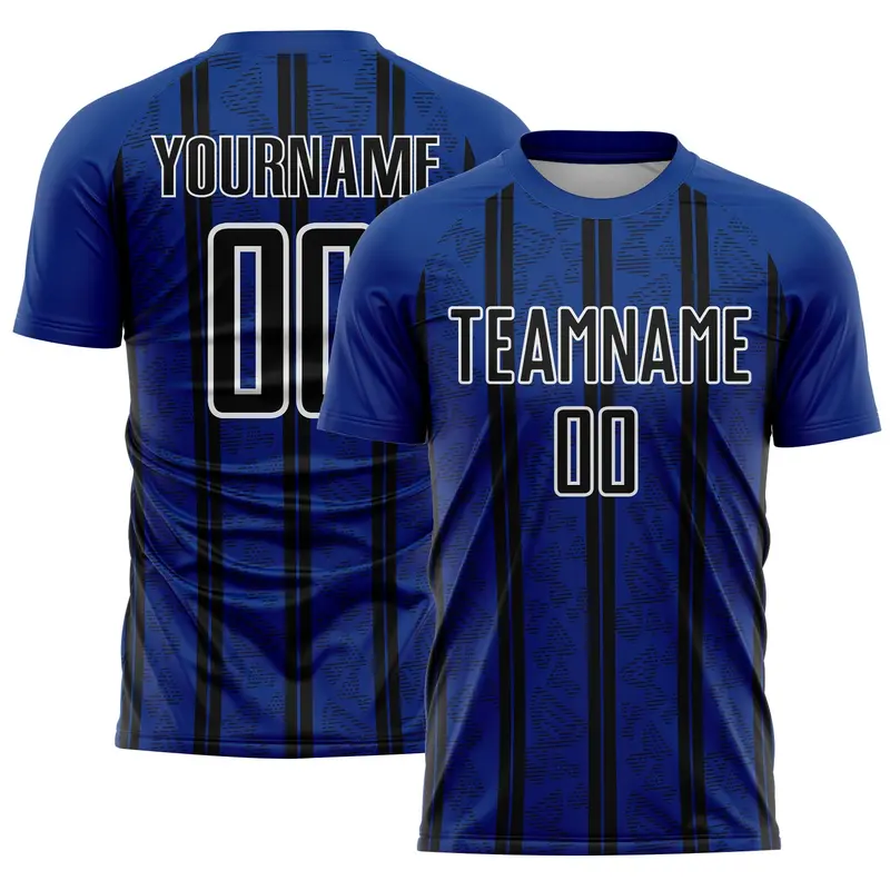 Custom Royal Black-White Stripe Line Sublimation Soccer Uniform Jersey