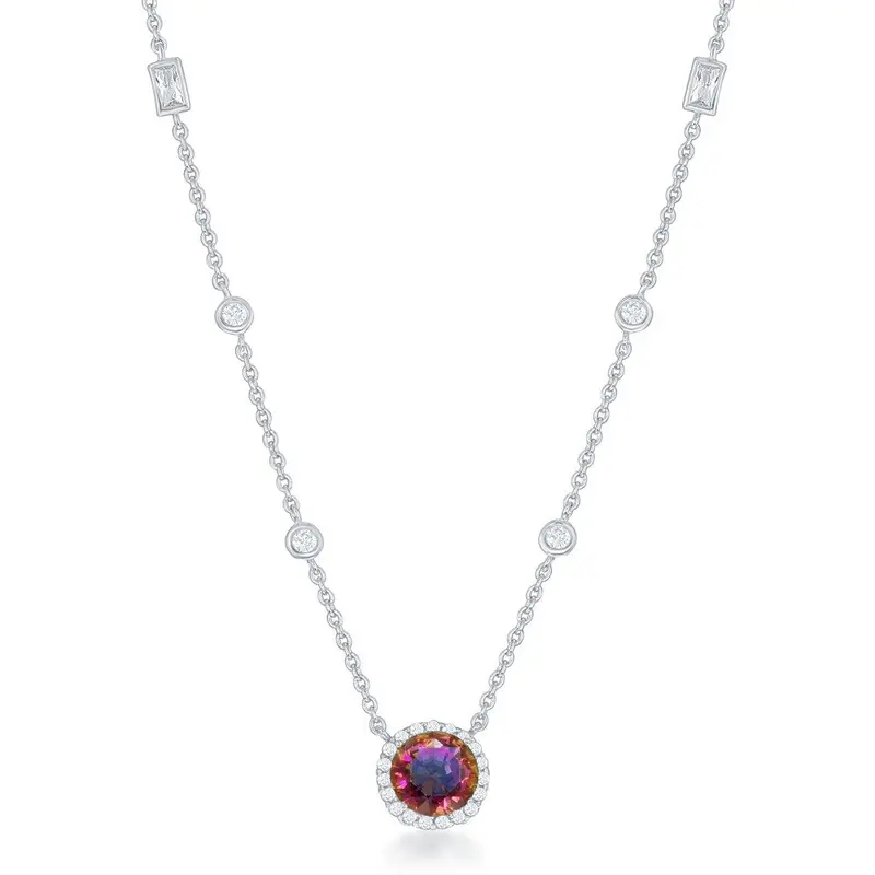 Sterling Silver Round Rainbow CZ with Clear CZ Border and Multi Shaped CZ Necklace