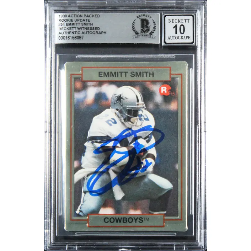 Cowboys Emmitt Smith Signed 1990 Action Packed #34 Rookie Card Auto 10! BAS Slab