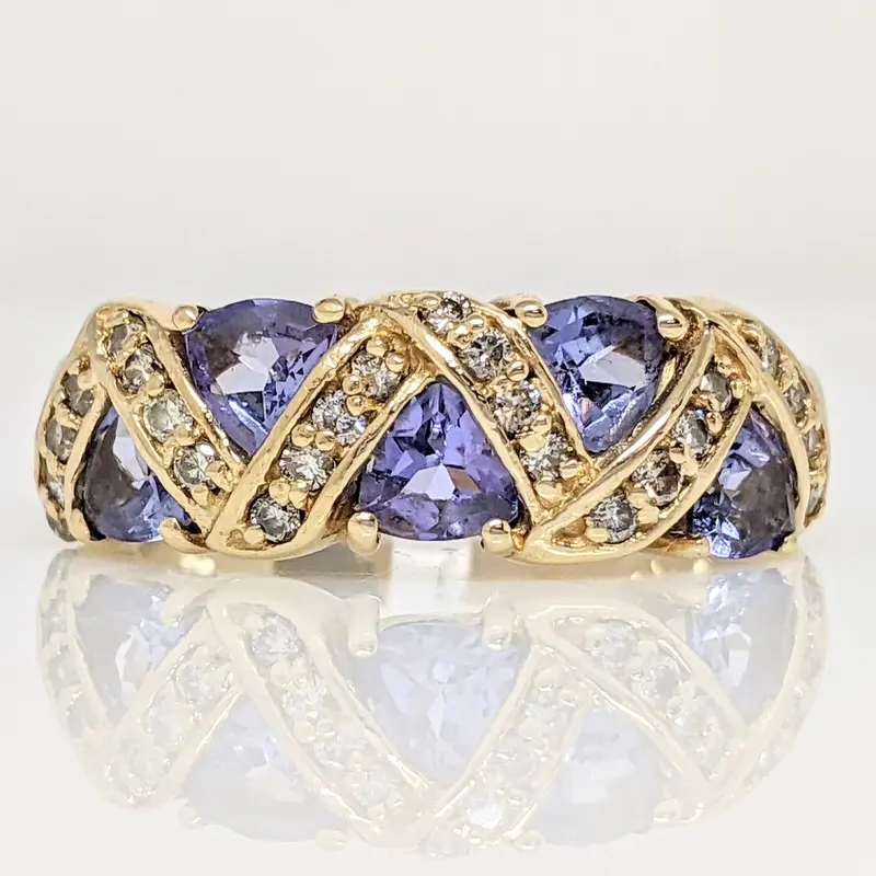 14K TANZANITE TRILLION (5) 4X4 WITH .24 CARAT TOTAL WEIGHT (24) ESTATE BAND 4.8 GRAMS