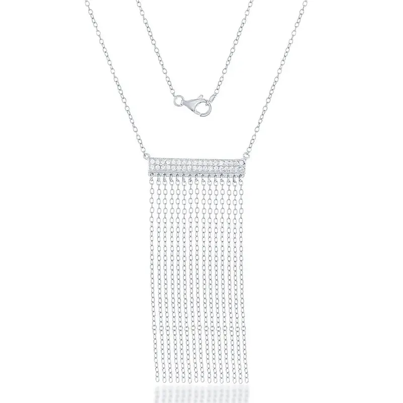 Sterling Silver  Double CZ Bar with Tassels Necklace