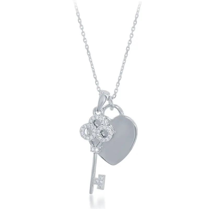 Sterling Silver  Shiny Heart with CZ Key Necklace