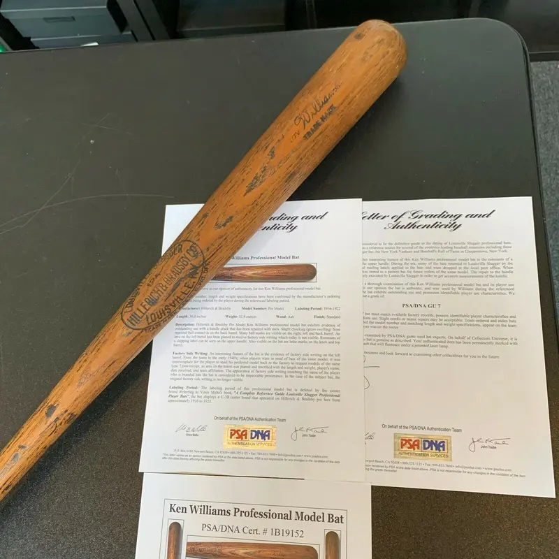 Ken Williams 1916 Rookie Era Game Used Side Written Baseball Bat PSA DNA GU 7