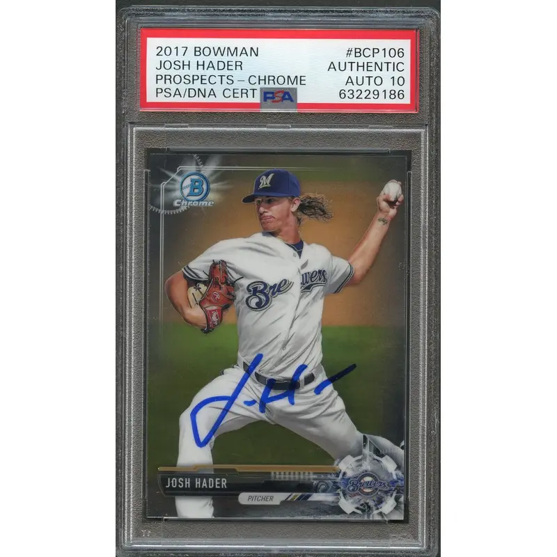 2017 BOWMAN CHROME #BCP106 Josh Hader Signed Card PSA Slabbed Auto Grade 10 Brewers