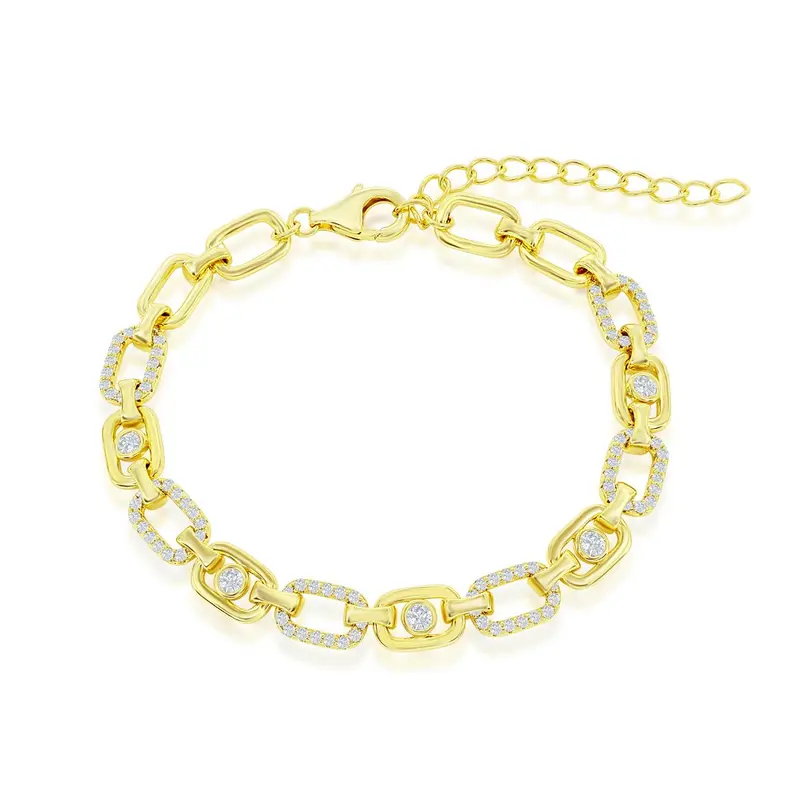 Sterling Silver, Alternating Polished & Open Oval CZ Link Bracelet - Gold Plated