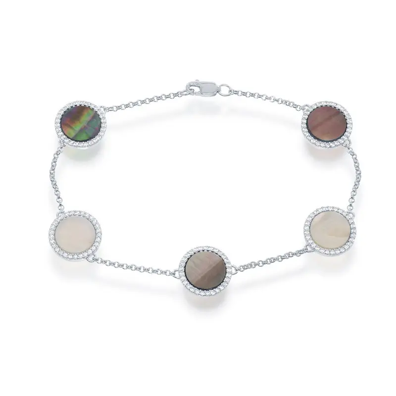 Sterling Silver Round Abalone with CZ Border Bracelet