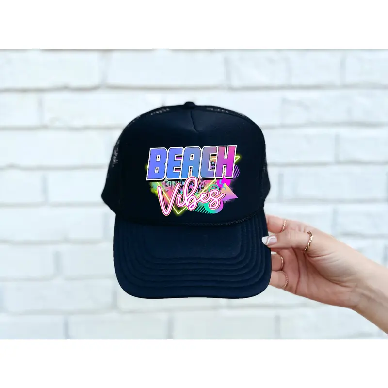 Beach Vibes DTF Printed Black Trucker Hat