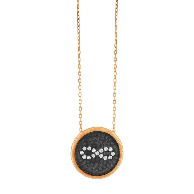 Sterling Silver Black Rhodium Disc With CZ Infinity Center Necklace - Rose Gold Plated