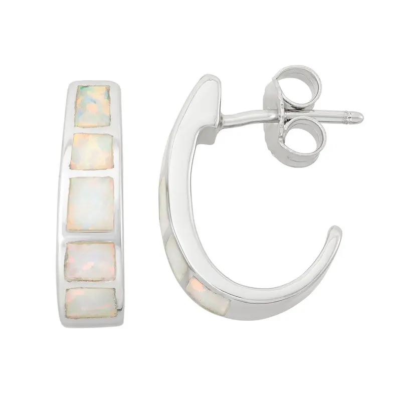 Sterling Silver White Inlay Opal Huggie Hoop Earrings